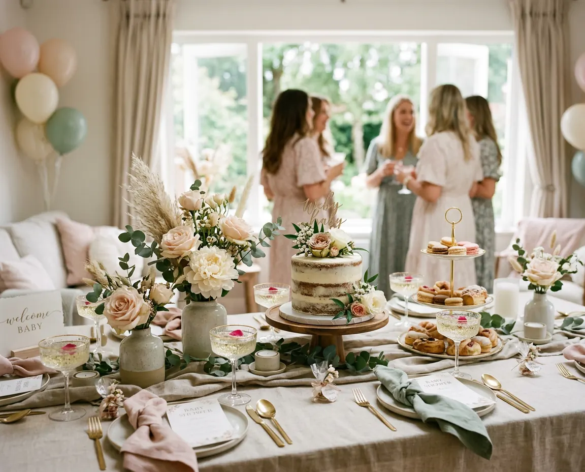 KI-generiertes Stimmungsbild: Babyshower-Brunch mit Torte, Etagere, Rosen, Pampasgras und Luftballons in Rosé und Salbei