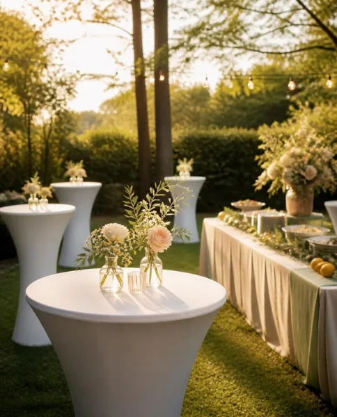 Beispielbild (KI-generiert): Empfang beim Sommerfest mit Stehtischen, Blumen in kleinen Glasvasen und Buffet im Garten