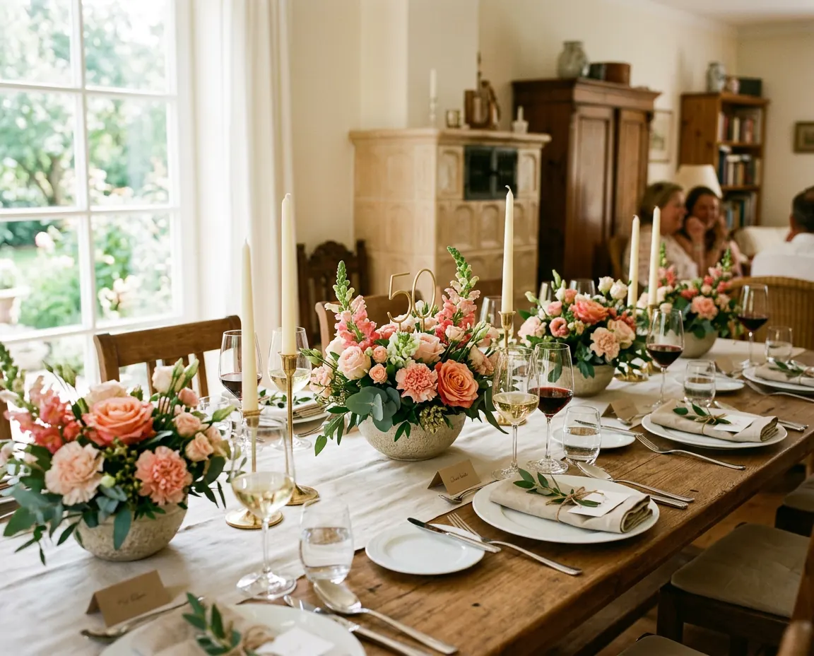 KI-generiertes Stimmungsbild: Tafel zum 50. Geburtstag mit Rosen und Nelken in Apricot und Rosa, Kerzen und goldener Zahl 50