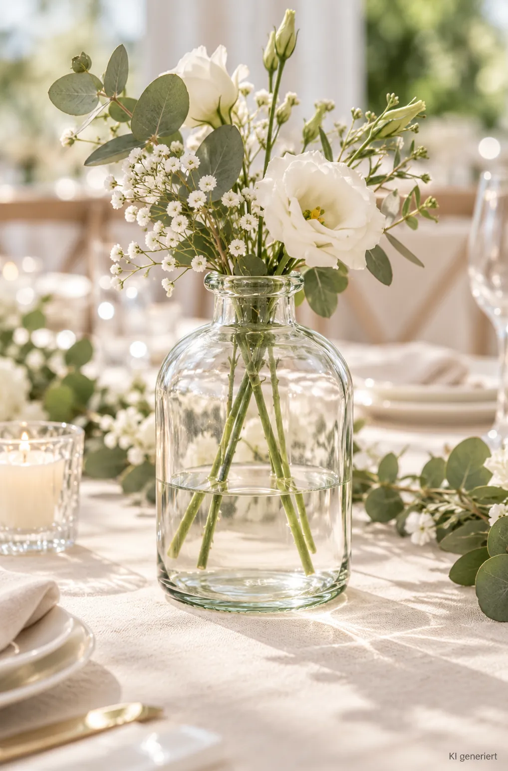 Flaschenvase Klarglas auf einer gedeckten Hochzeitstafel bei Tageslicht (KI-generierte Szene)