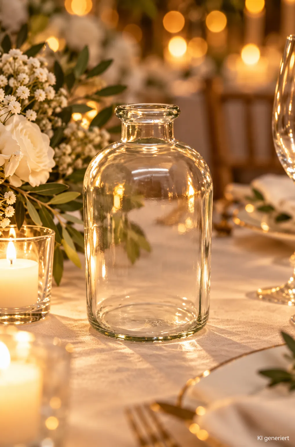 Flaschenvase Klarglas auf einer festlichen Tafel im Kerzenlicht am Abend (KI-generierte Szene)
