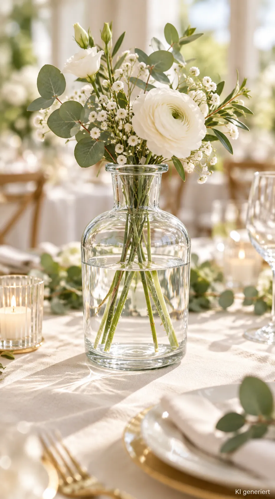 Flaschenvase klein, Glas auf einer gedeckten Hochzeitstafel bei Tageslicht (KI-generierte Szene)