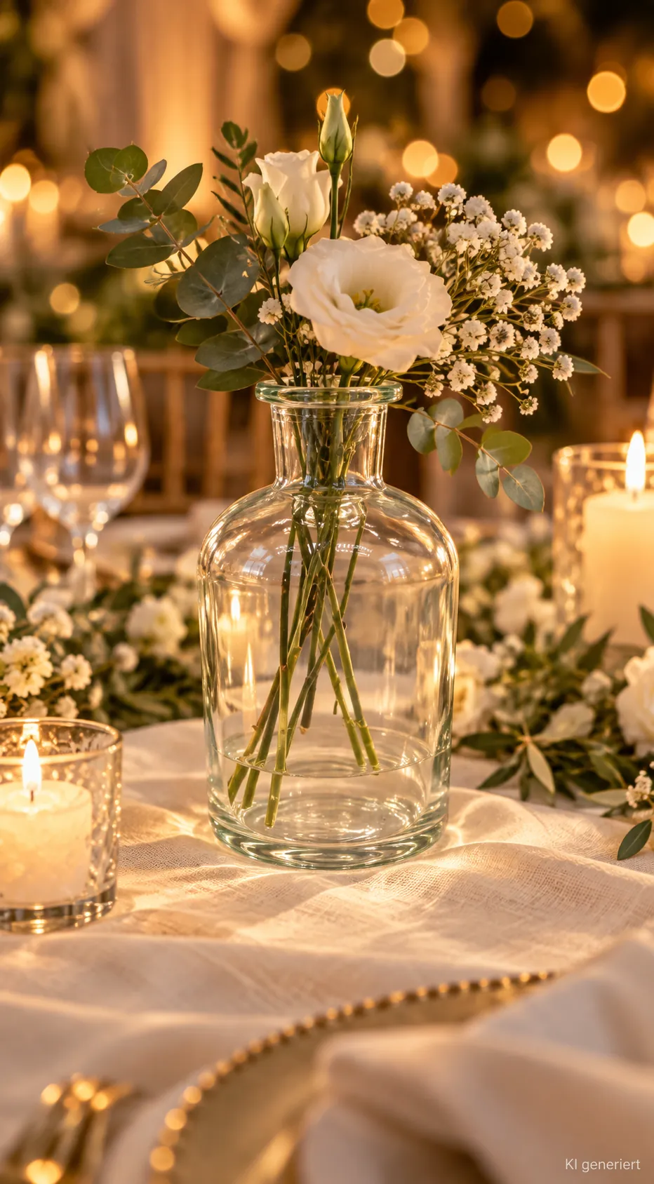 Flaschenvase klein, Glas auf einer festlichen Tafel im Kerzenlicht am Abend (KI-generierte Szene)