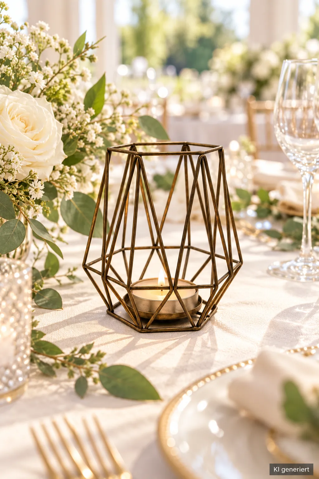 Geometrischer Kerzenhalter kupfer auf einer gedeckten Hochzeitstafel bei Tageslicht (KI-generierte Szene)