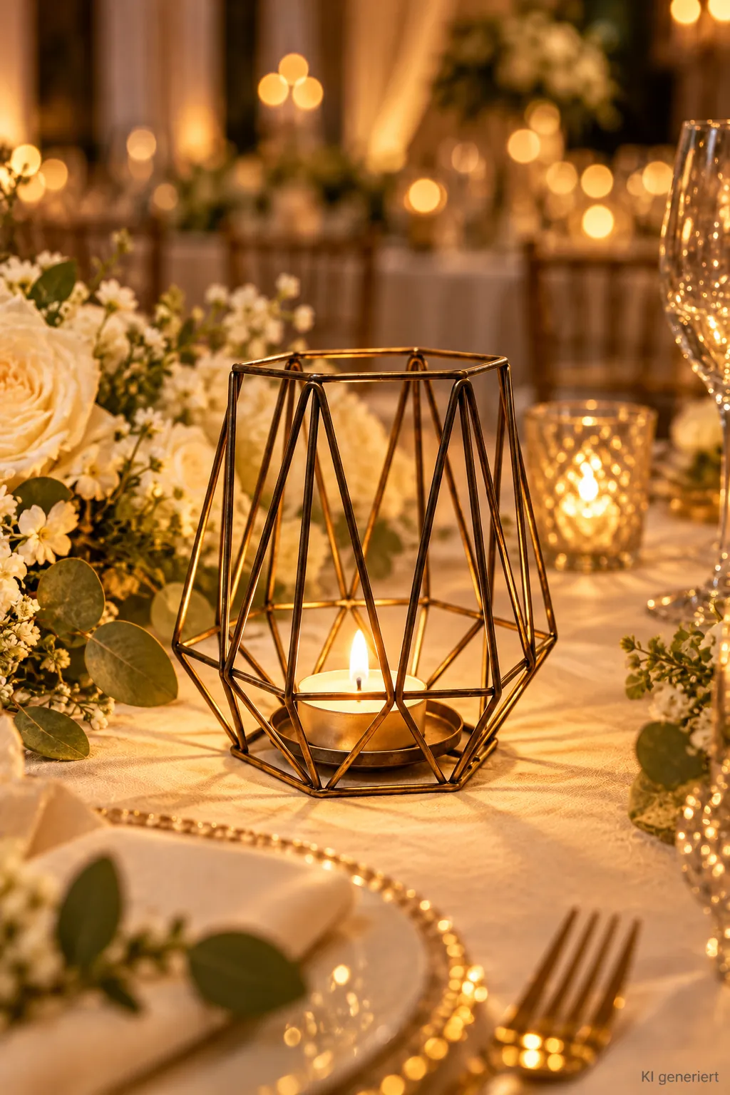 Geometrischer Kerzenhalter kupfer auf einer festlichen Tafel im Kerzenlicht am Abend (KI-generierte Szene)