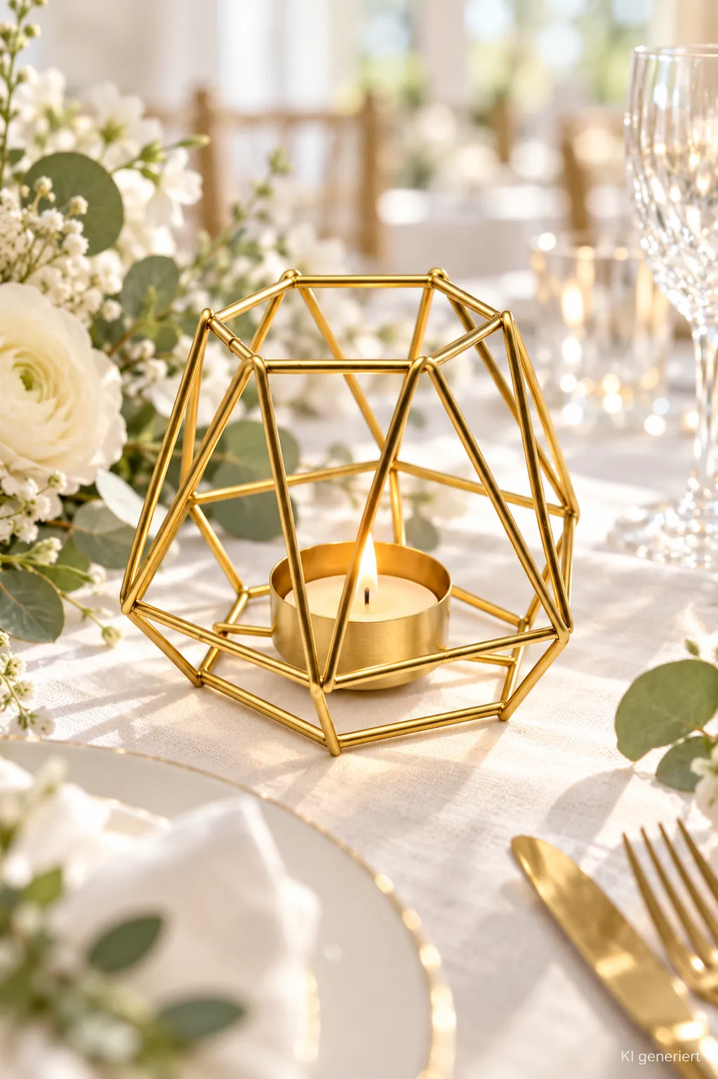Geometrischer Teelichthalter gold auf einer gedeckten Hochzeitstafel bei Tageslicht (KI-generierte Szene)