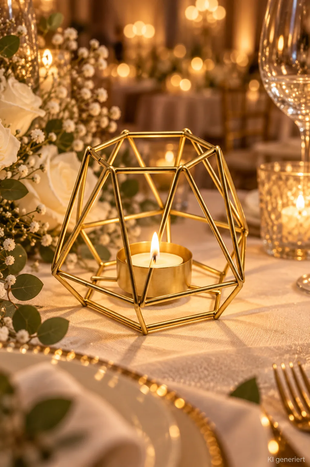 Geometrischer Teelichthalter gold auf einer festlichen Tafel im Kerzenlicht am Abend (KI-generierte Szene)