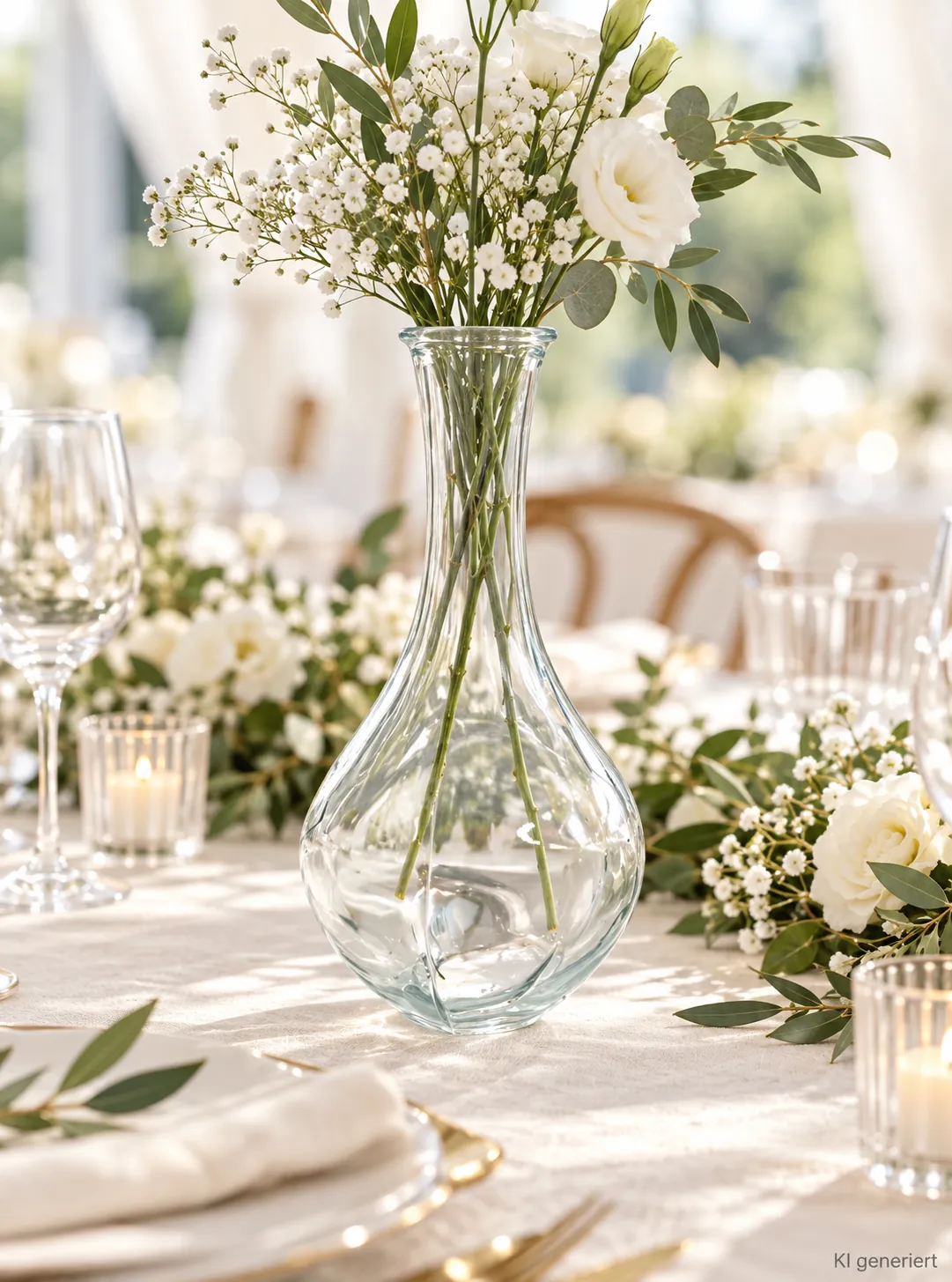 Glasvase klein, bauchig auf einer gedeckten Hochzeitstafel bei Tageslicht (KI-generierte Szene)
