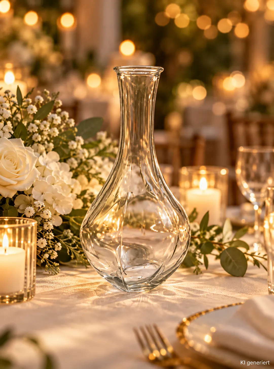 Glasvase klein, bauchig auf einer festlichen Tafel im Kerzenlicht am Abend (KI-generierte Szene)