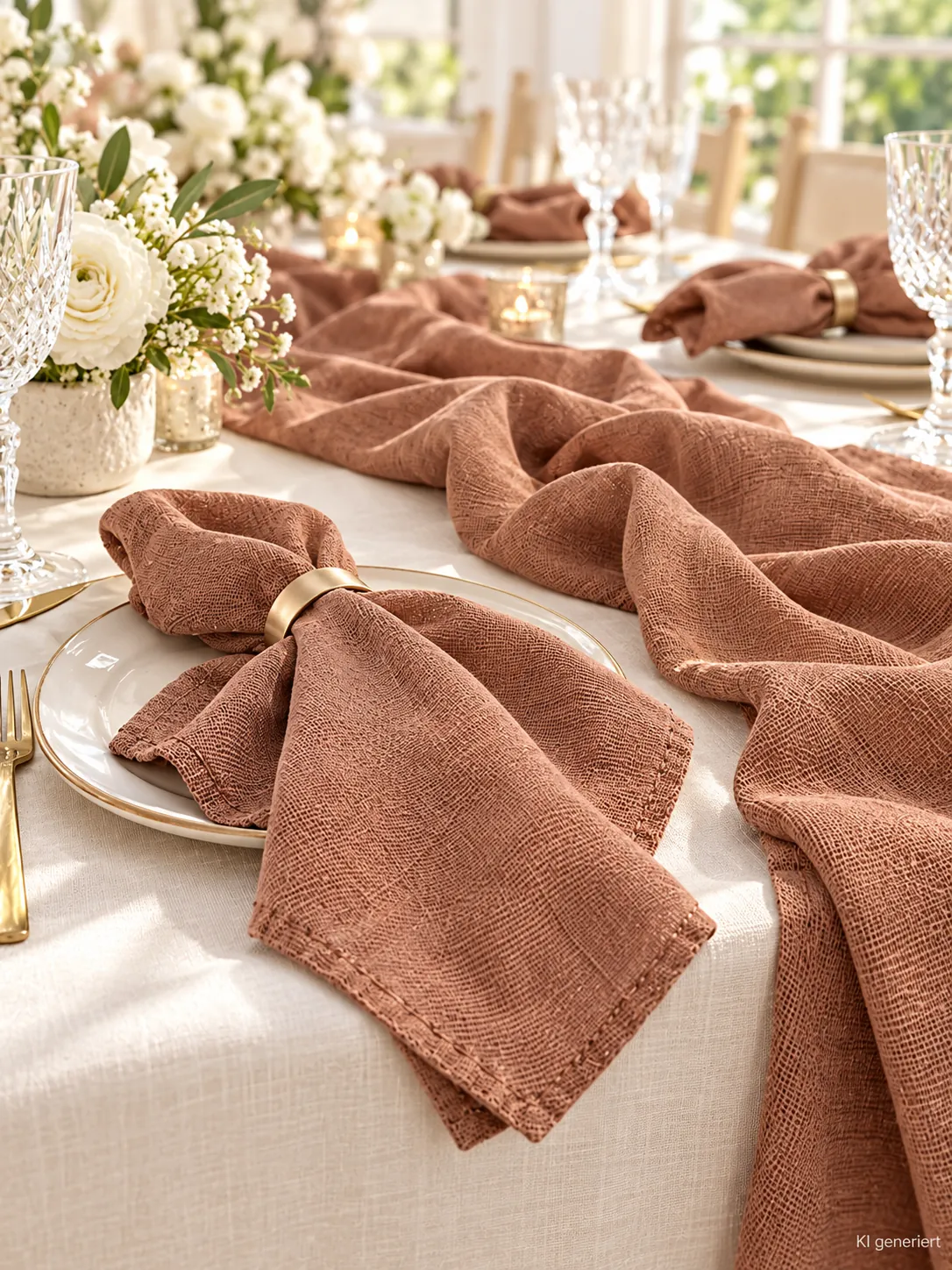 Leinenservietten Altrosa auf einer gedeckten Hochzeitstafel bei Tageslicht (KI-generierte Szene)