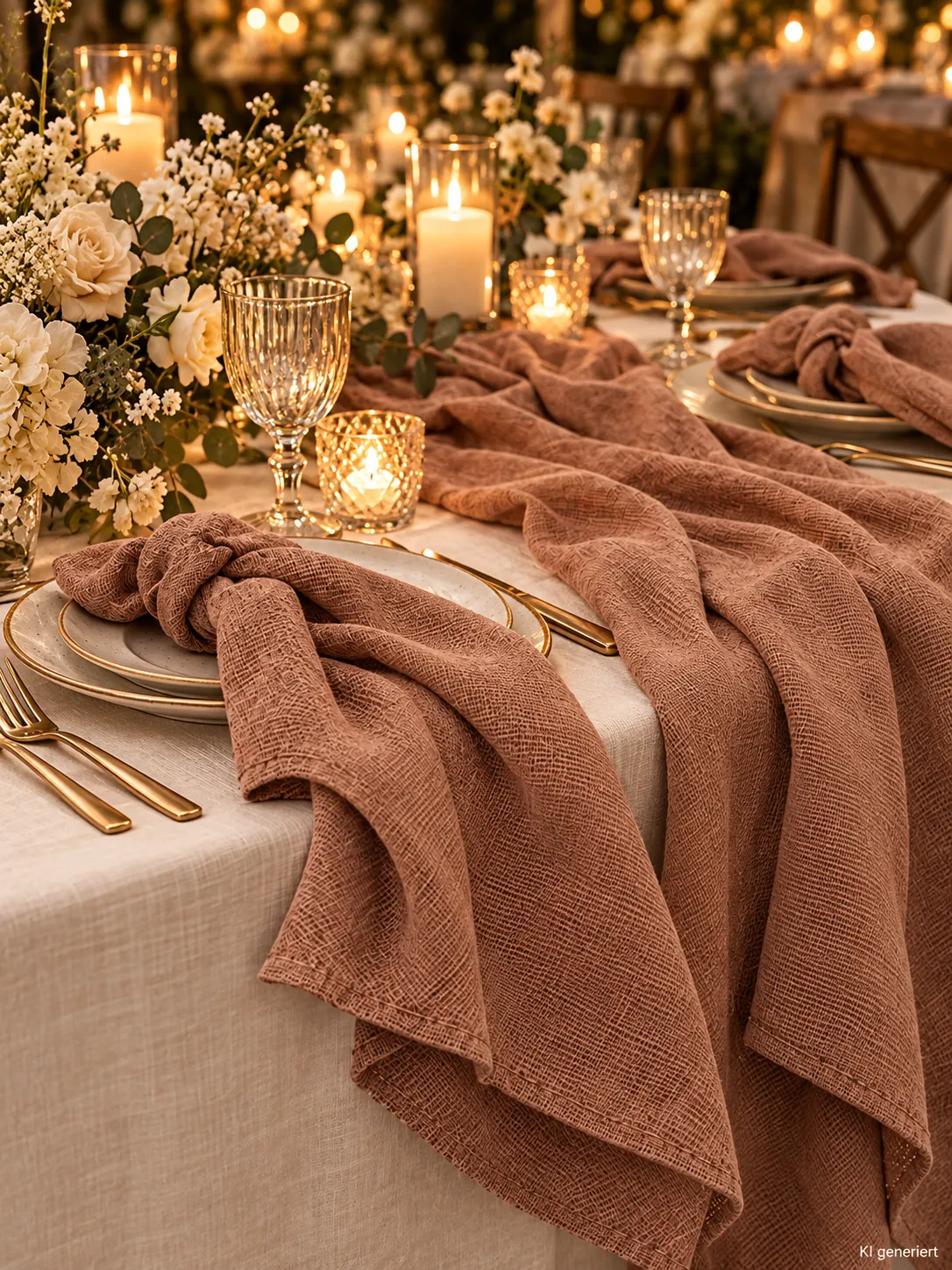 Leinenservietten Altrosa auf einer festlichen Tafel im Kerzenlicht am Abend (KI-generierte Szene)
