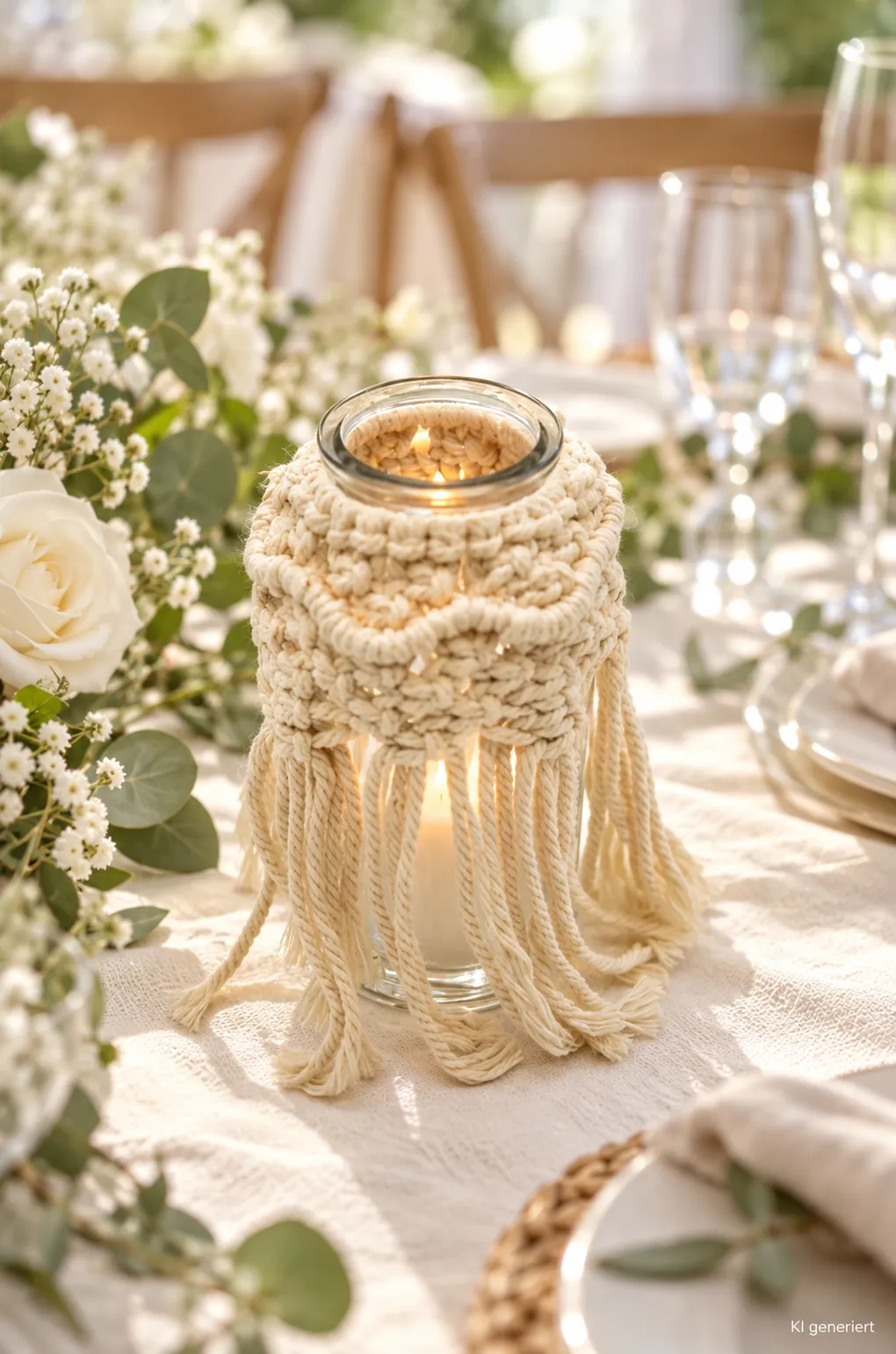 Makramee-Vase, handgemacht auf einer gedeckten Hochzeitstafel bei Tageslicht (KI-generierte Szene)