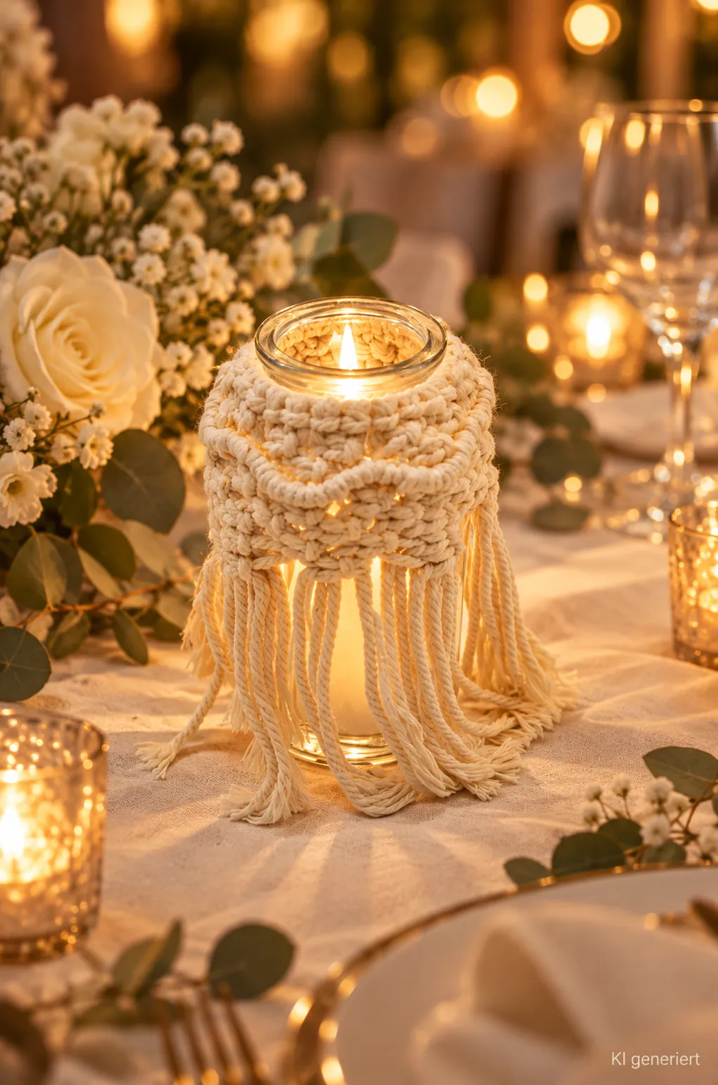 Makramee-Vase, handgemacht auf einer festlichen Tafel im Kerzenlicht am Abend (KI-generierte Szene)