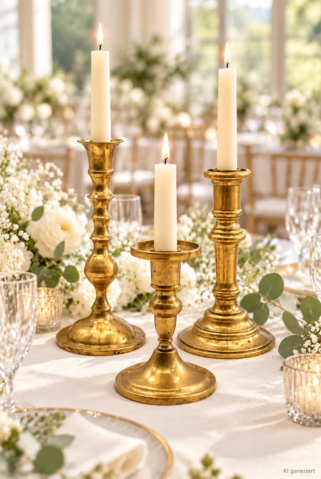 Messing-Kerzenhalter Vintage auf einer gedeckten Hochzeitstafel bei Tageslicht (KI-generierte Szene)