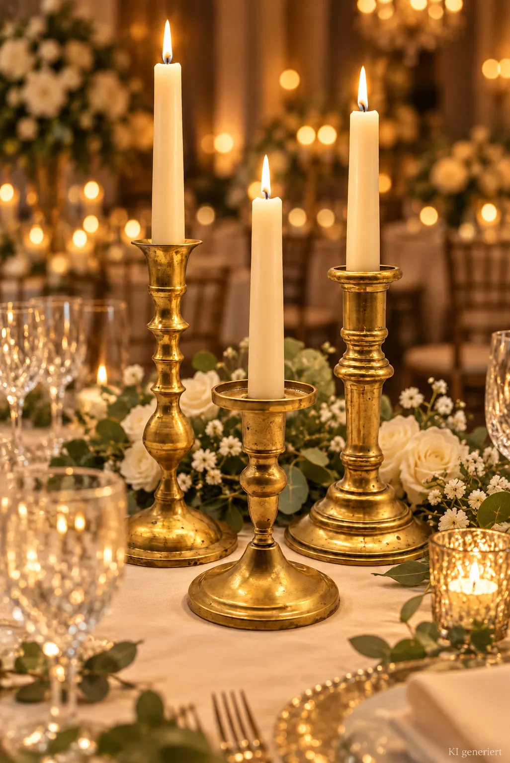 Messing-Kerzenhalter Vintage auf einer festlichen Tafel im Kerzenlicht am Abend (KI-generierte Szene)