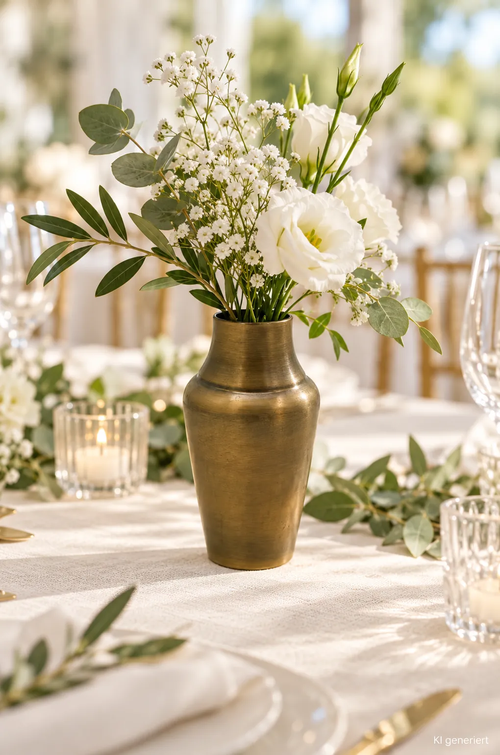 Messingvase oval auf einer gedeckten Hochzeitstafel bei Tageslicht (KI-generierte Szene)