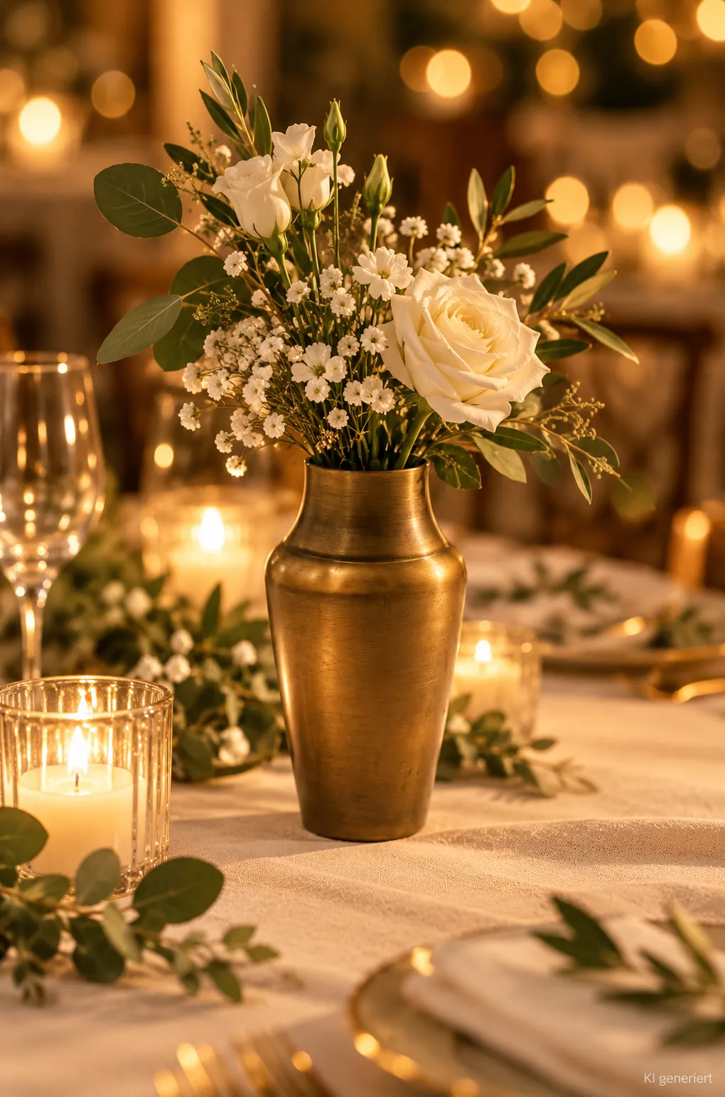 Messingvase oval auf einer festlichen Tafel im Kerzenlicht am Abend (KI-generierte Szene)