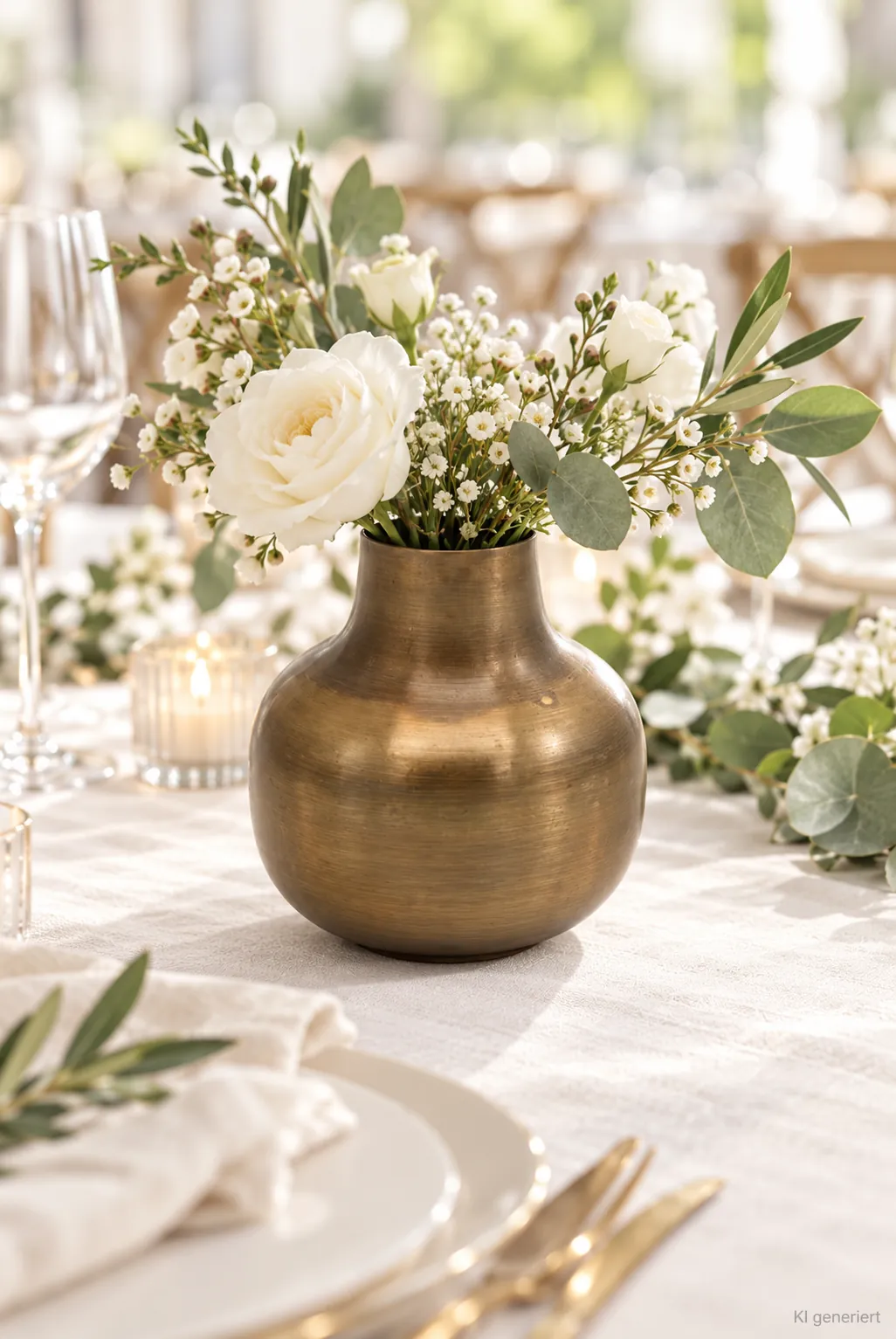 Messingvase rund auf einer gedeckten Hochzeitstafel bei Tageslicht (KI-generierte Szene)