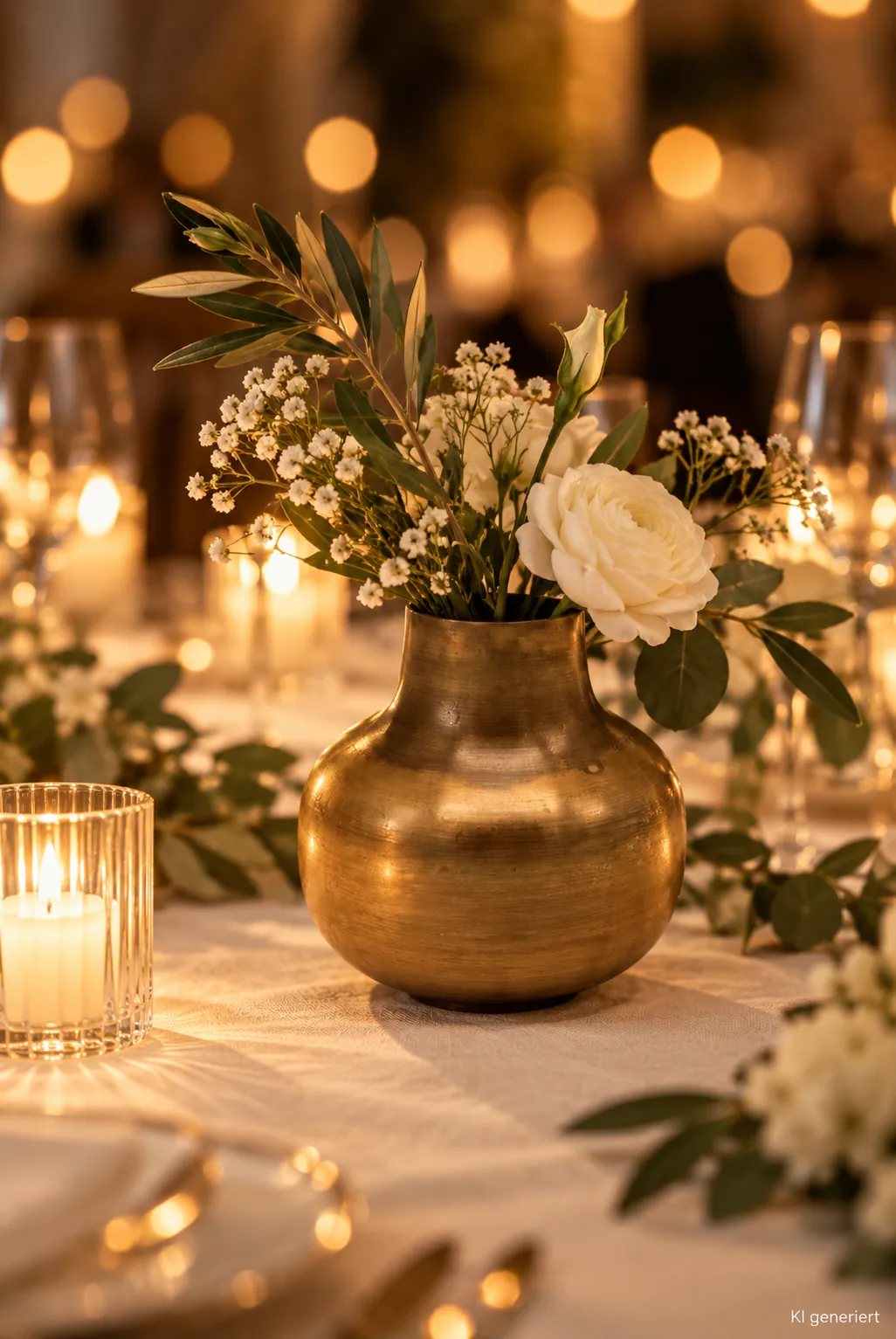 Messingvase rund auf einer festlichen Tafel im Kerzenlicht am Abend (KI-generierte Szene)