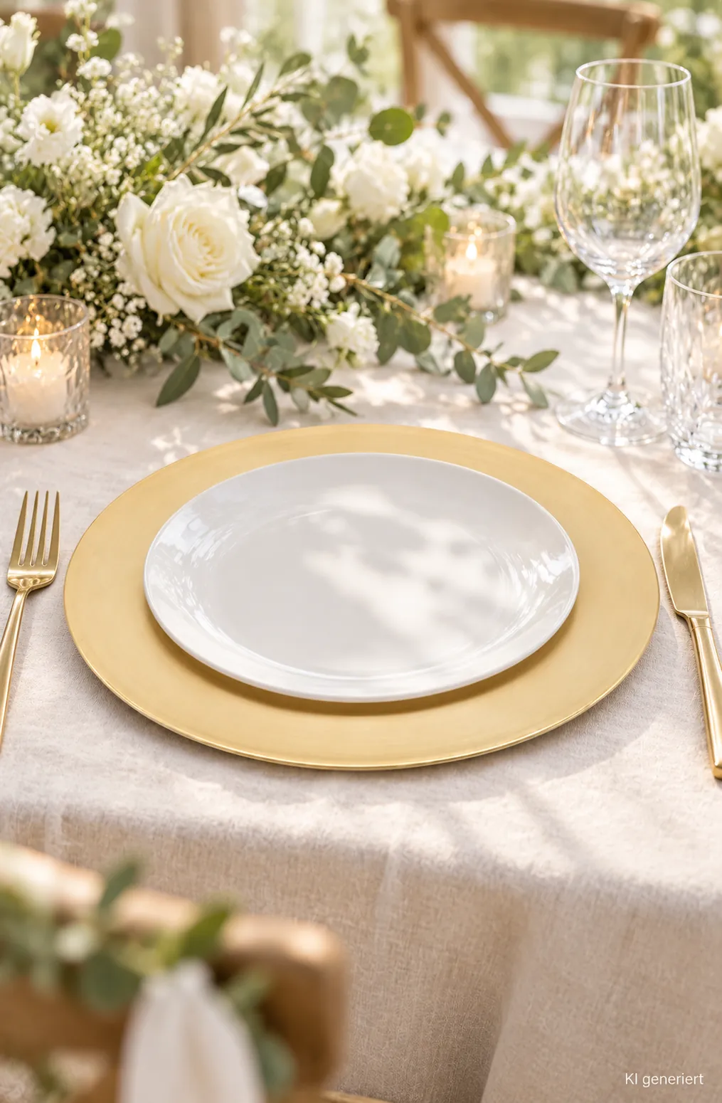 Platzteller gold auf einer gedeckten Hochzeitstafel bei Tageslicht (KI-generierte Szene)