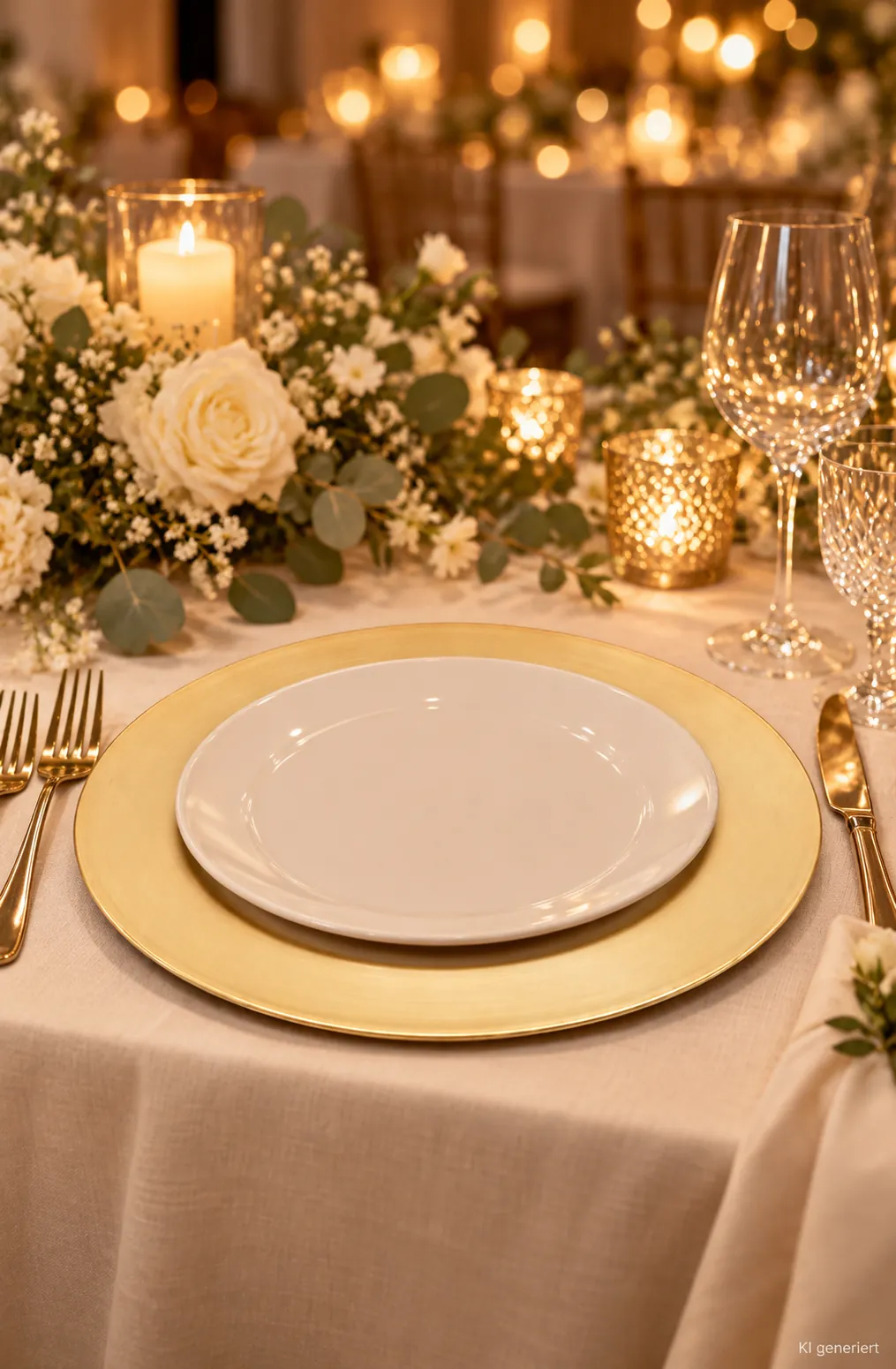Platzteller gold auf einer festlichen Tafel im Kerzenlicht am Abend (KI-generierte Szene)
