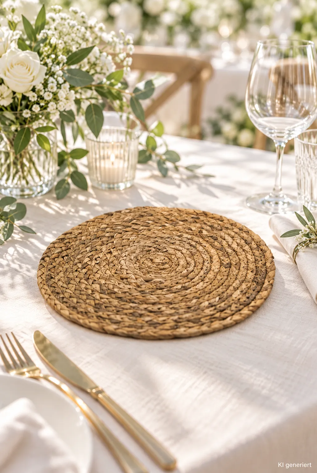 Platzteller Seegras auf einer gedeckten Hochzeitstafel bei Tageslicht (KI-generierte Szene)