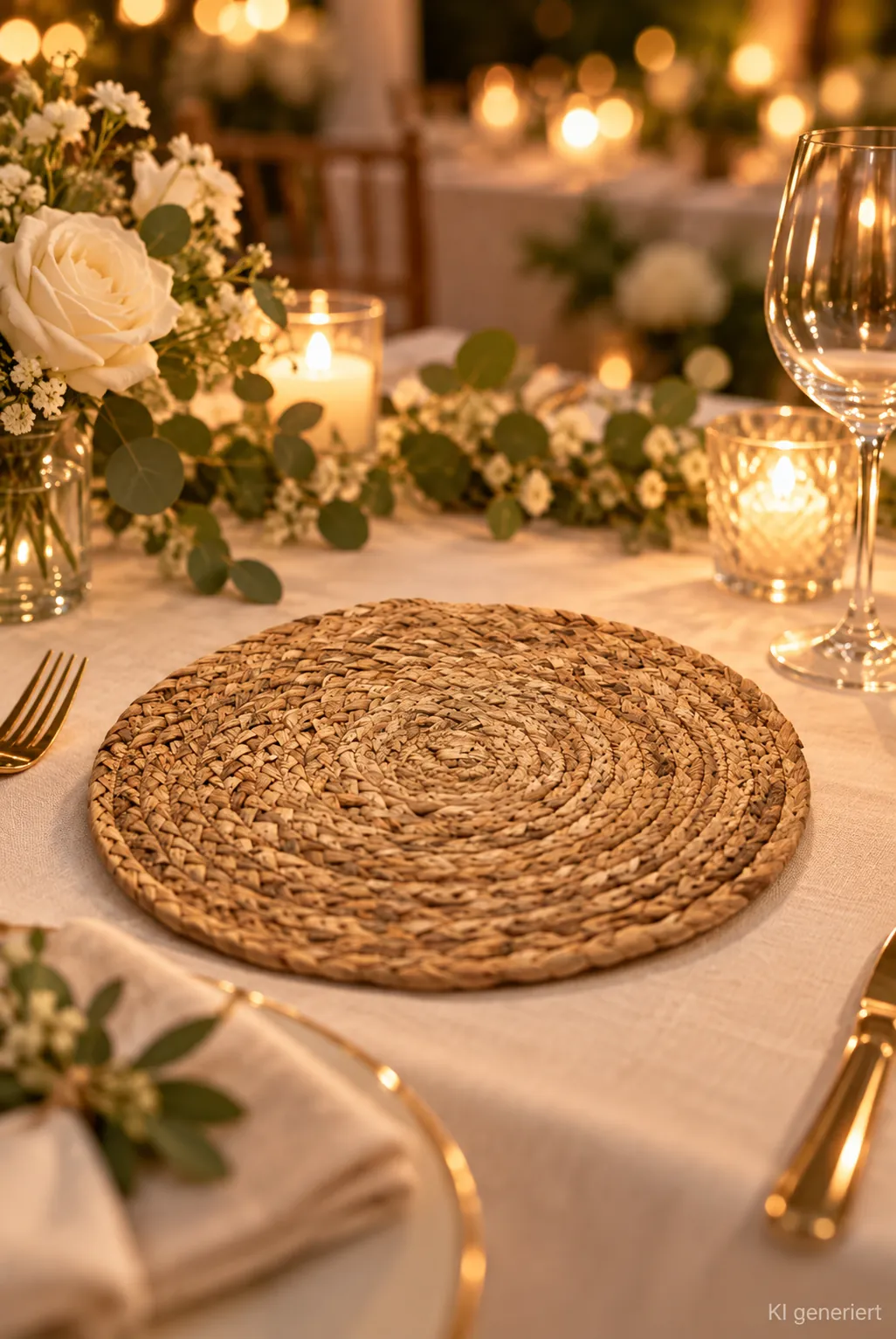 Platzteller Seegras auf einer festlichen Tafel im Kerzenlicht am Abend (KI-generierte Szene)