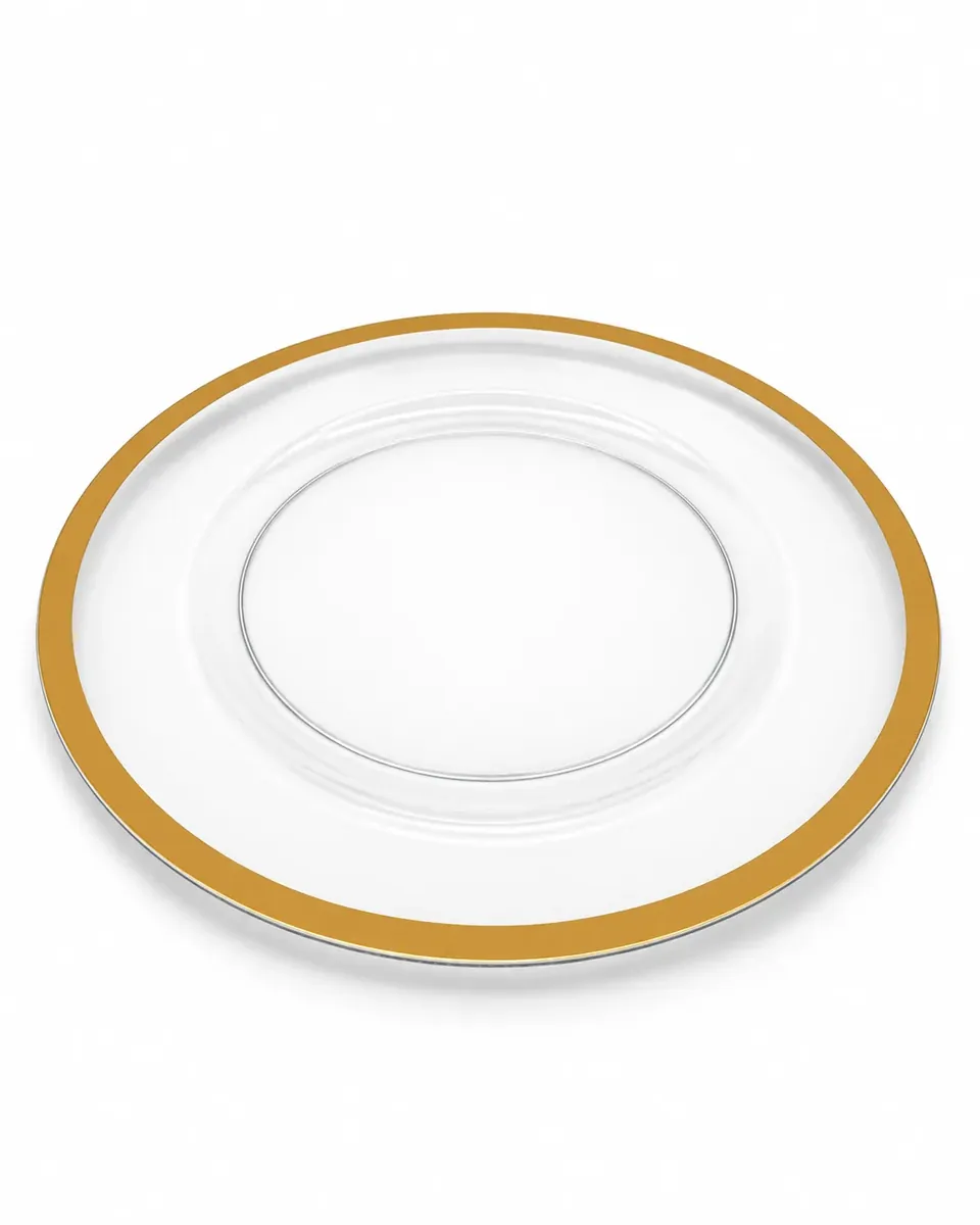 Platzteller transparent mit Goldrand aus dem Stil-Echt Deko-Verleih