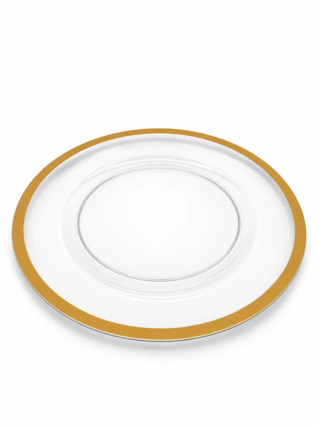 Platzteller transparent mit Goldrand aus dem Stil-Echt Deko-Verleih