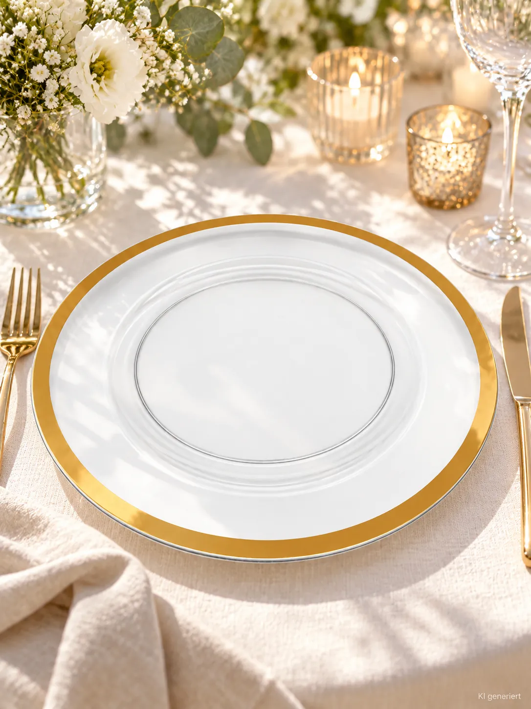 Platzteller transparent mit Goldrand auf einer gedeckten Hochzeitstafel bei Tageslicht (KI-generierte Szene)