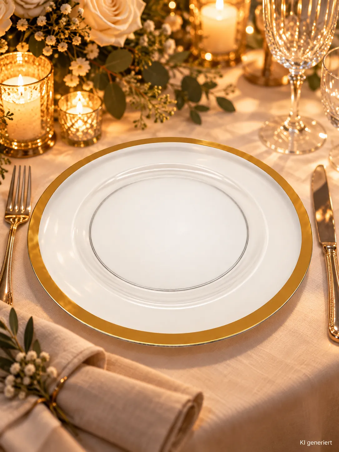 Platzteller transparent mit Goldrand auf einer festlichen Tafel im Kerzenlicht am Abend (KI-generierte Szene)