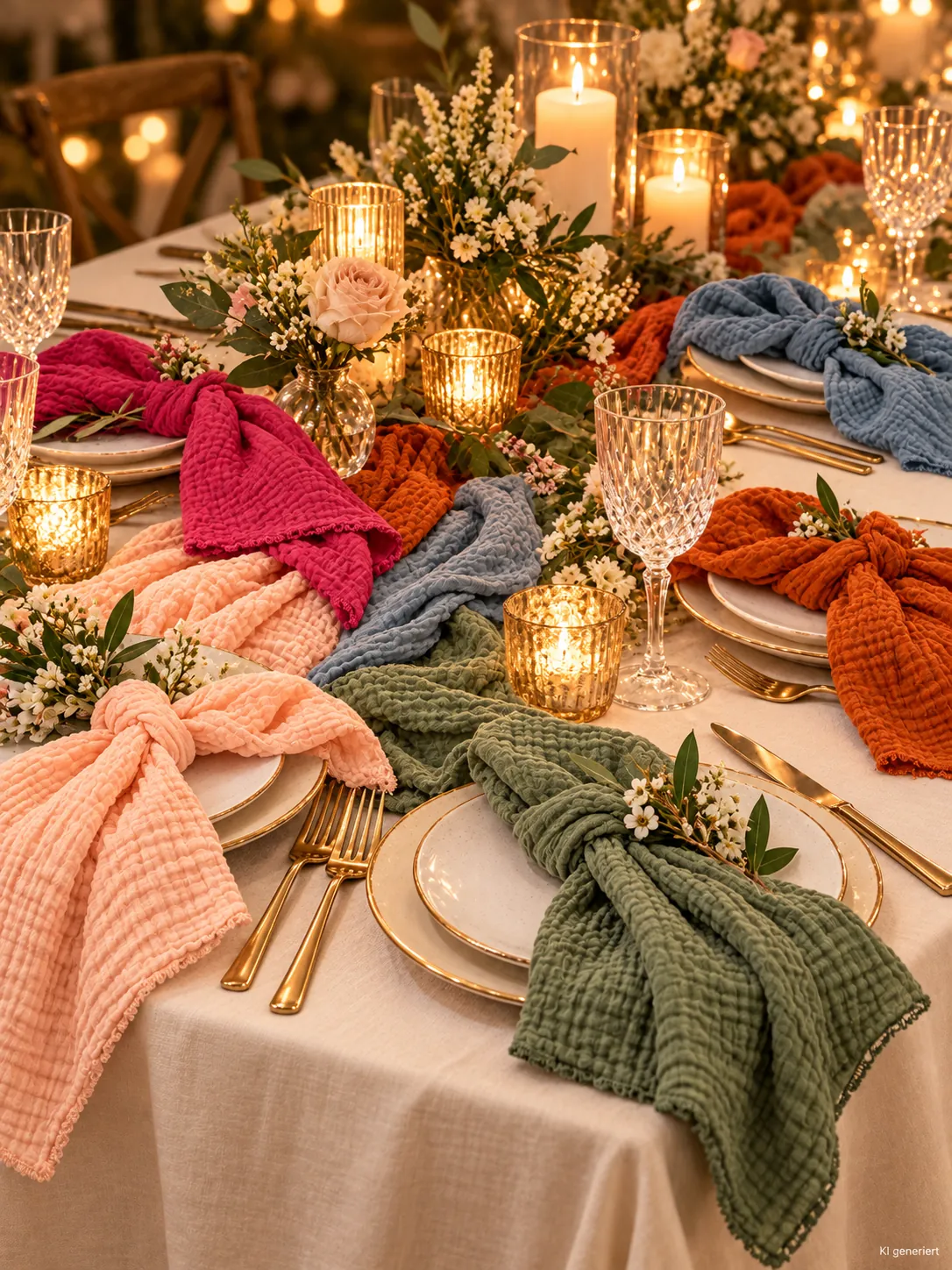 Servietten Musselin auf einer festlichen Tafel im Kerzenlicht am Abend (KI-generierte Szene)