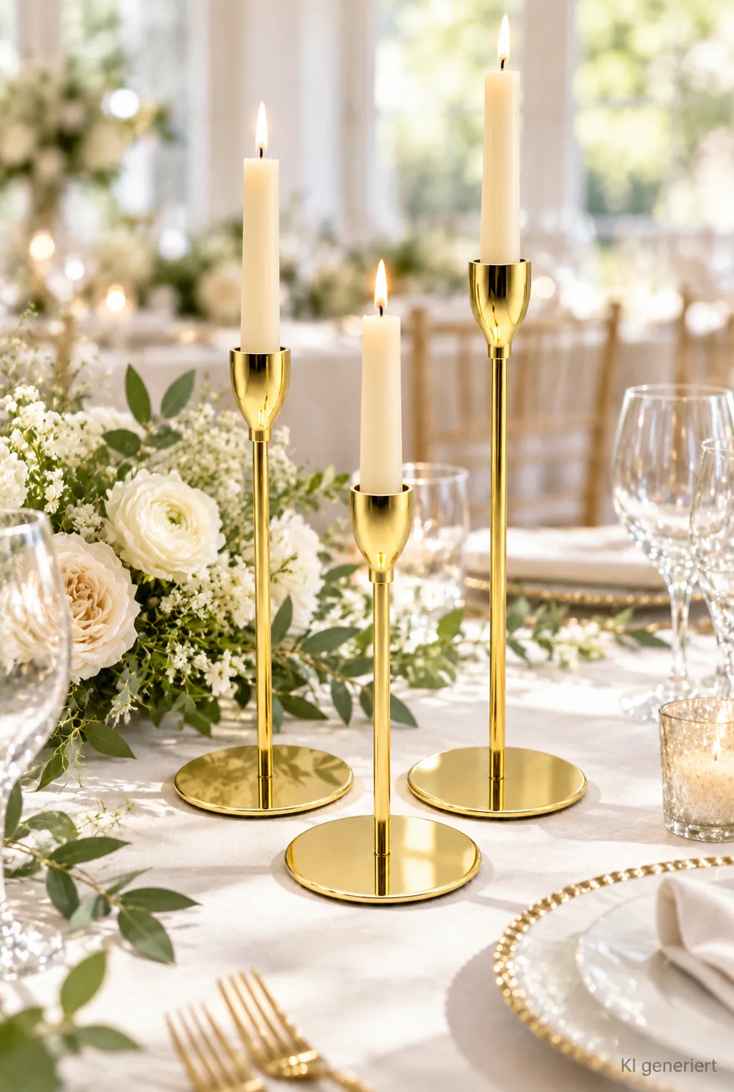 Stabkerzenhalter gold, 3er Set auf einer gedeckten Hochzeitstafel bei Tageslicht (KI-generierte Szene)