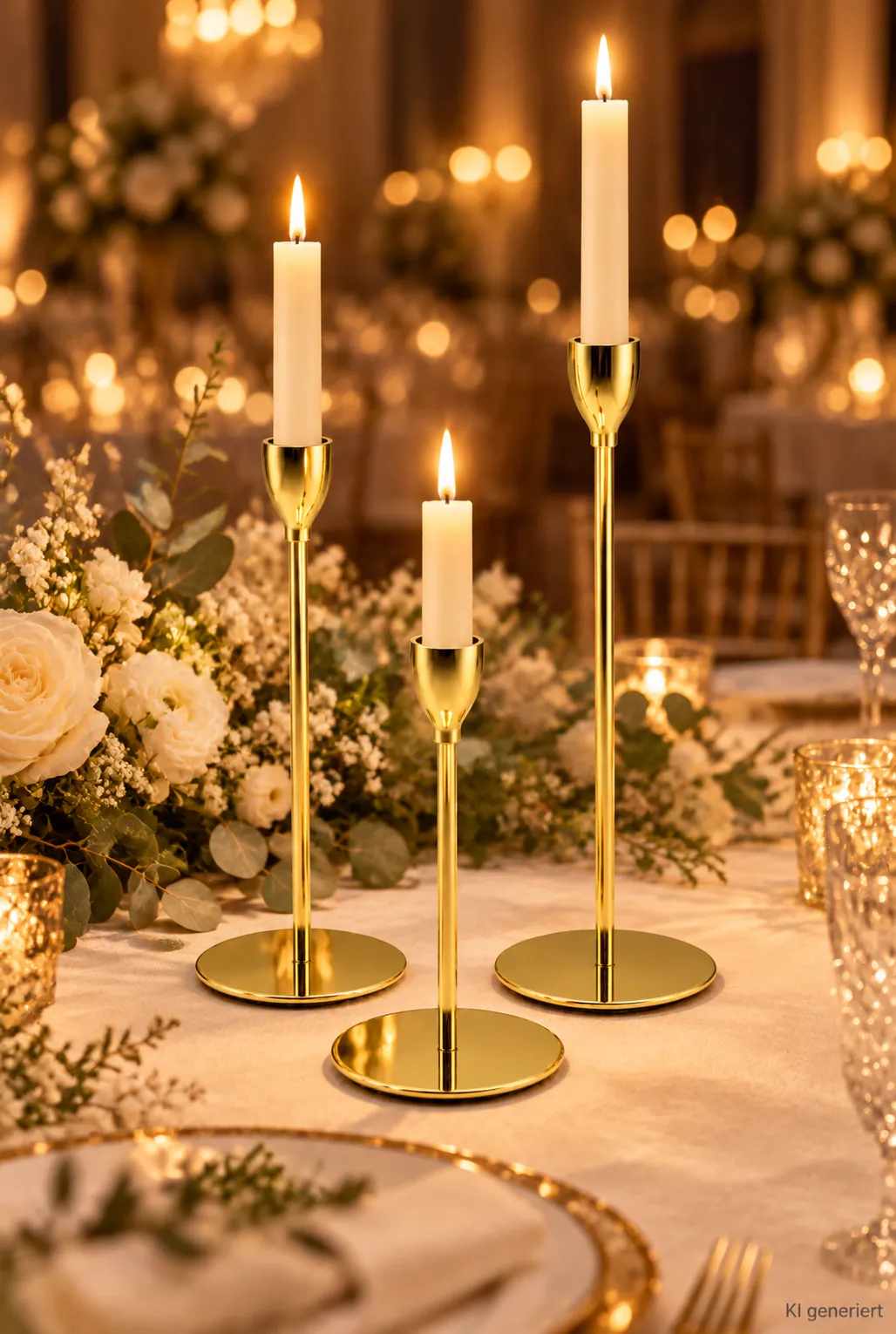 Stabkerzenhalter gold, 3er Set auf einer festlichen Tafel im Kerzenlicht am Abend (KI-generierte Szene)