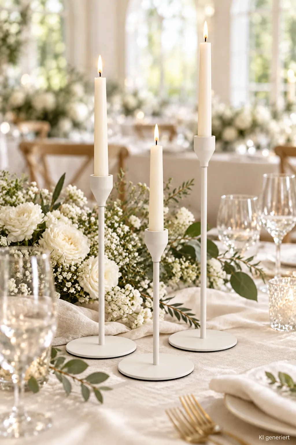Stabkerzenhalter weiß, 3er Set auf einer gedeckten Hochzeitstafel bei Tageslicht (KI-generierte Szene)