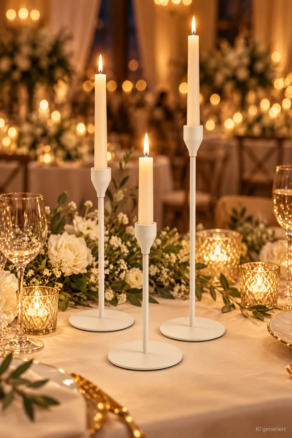 Stabkerzenhalter weiß, 3er Set auf einer festlichen Tafel im Kerzenlicht am Abend (KI-generierte Szene)