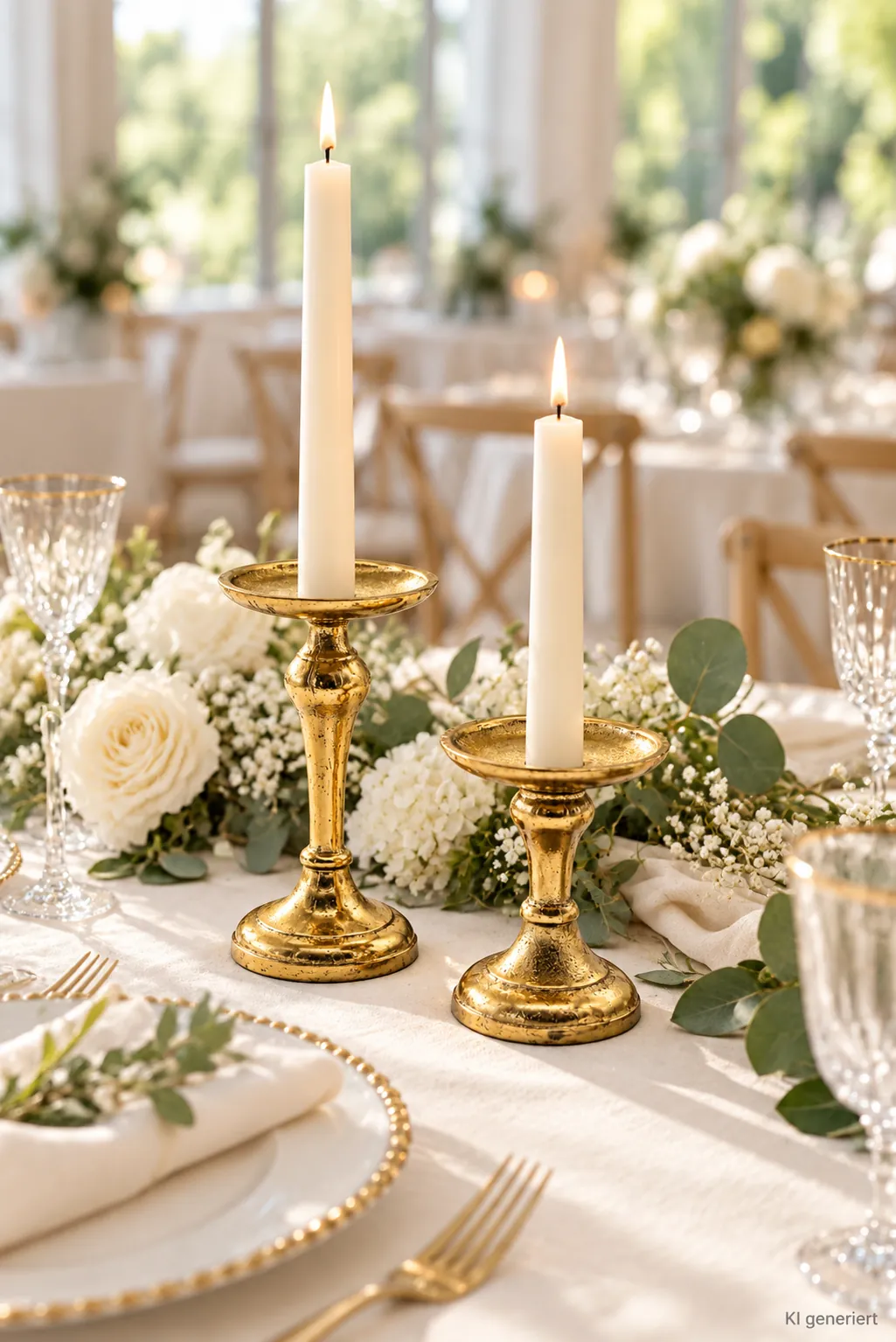 Stumpenkerzenhalter gold, 2er Set auf einer gedeckten Hochzeitstafel bei Tageslicht (KI-generierte Szene)