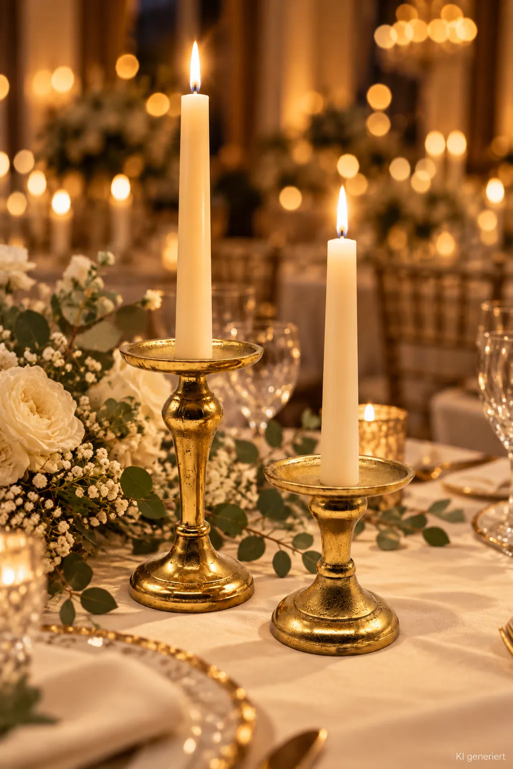 Stumpenkerzenhalter gold, 2er Set auf einer festlichen Tafel im Kerzenlicht am Abend (KI-generierte Szene)