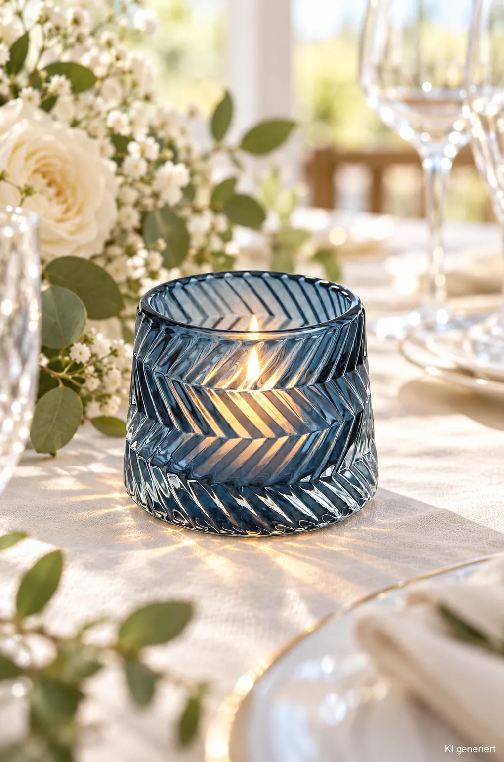 Teelichthalter Glas Dusty Blue auf einer gedeckten Hochzeitstafel bei Tageslicht (KI-generierte Szene)