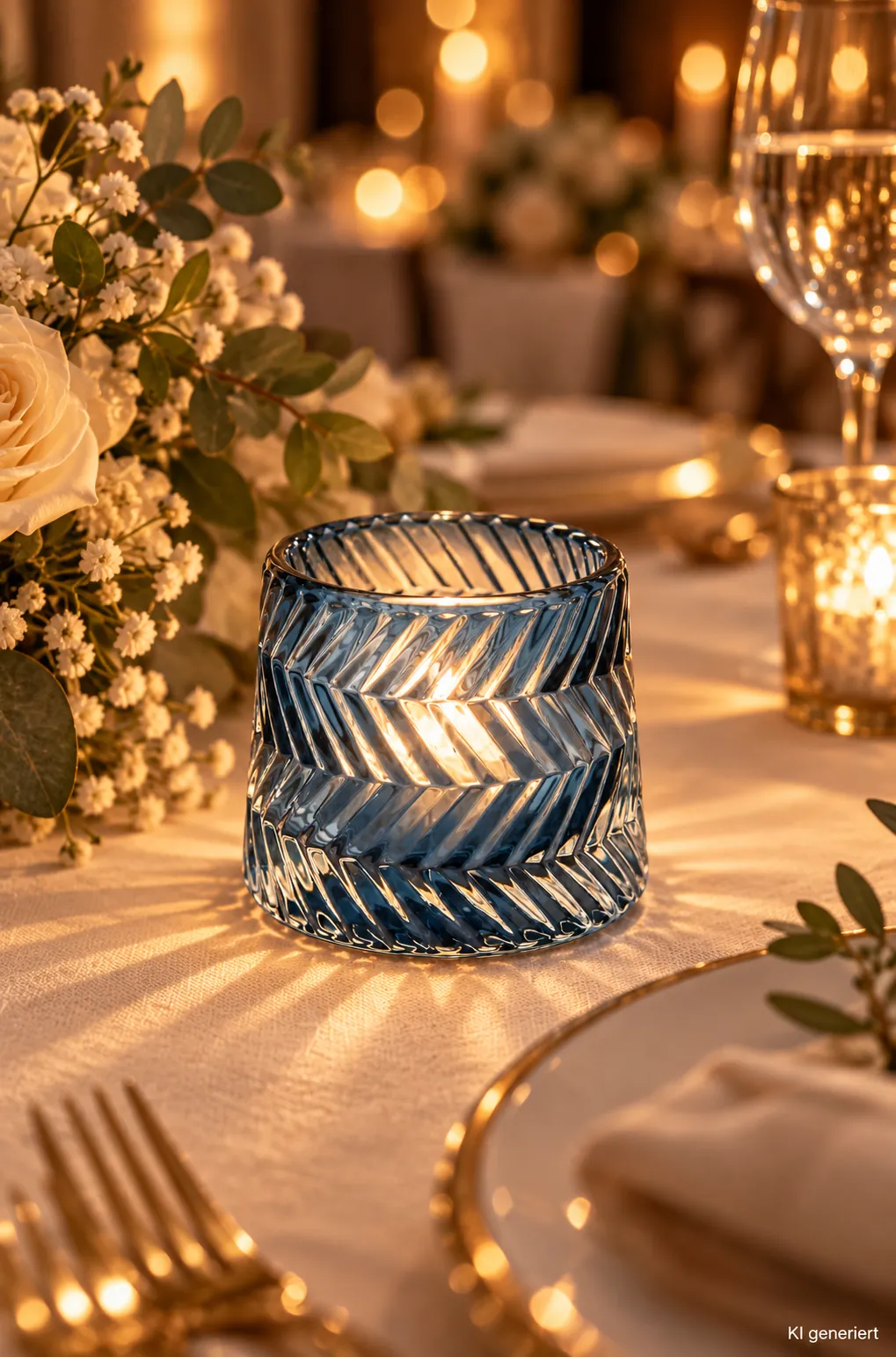 Teelichthalter Glas Dusty Blue auf einer festlichen Tafel im Kerzenlicht am Abend (KI-generierte Szene)