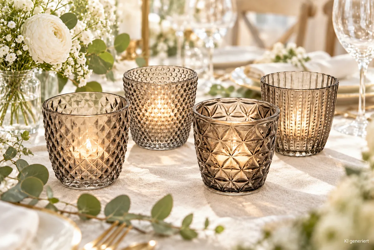 Teelichthalter Glas grau auf einer gedeckten Hochzeitstafel bei Tageslicht (KI-generierte Szene)