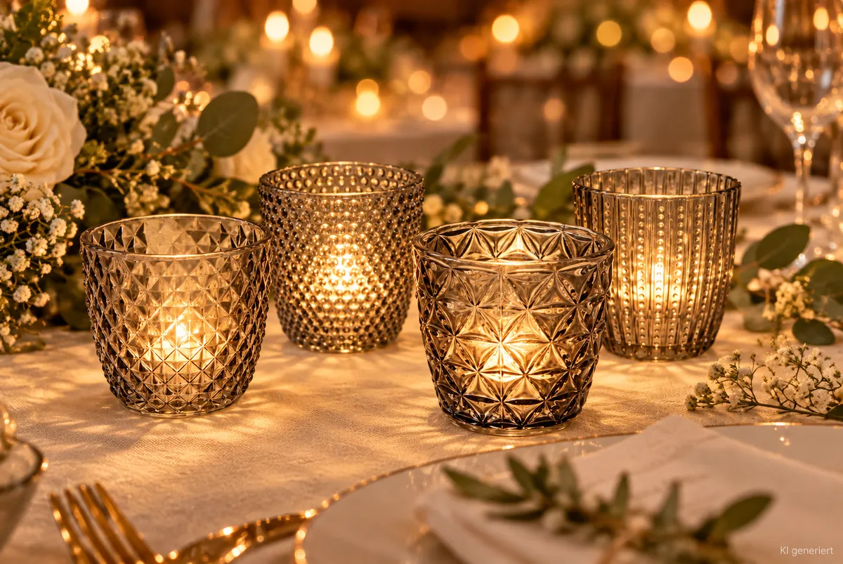 Teelichthalter Glas grau auf einer festlichen Tafel im Kerzenlicht am Abend (KI-generierte Szene)