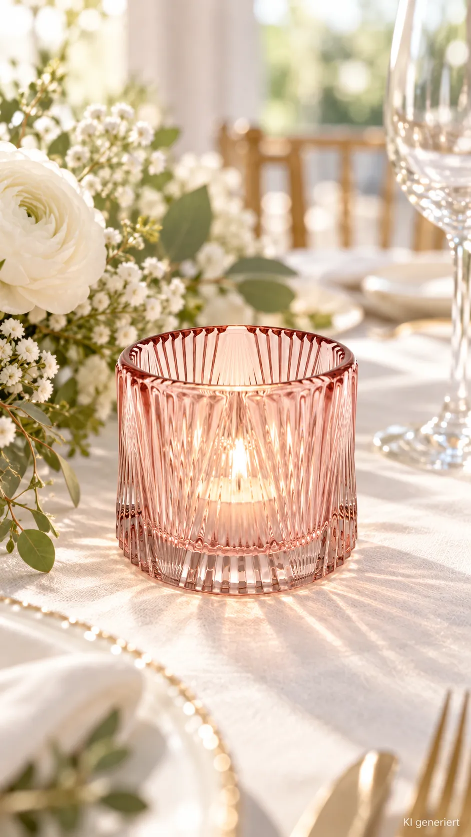 Teelichthalter Glas Light Rose auf einer gedeckten Hochzeitstafel bei Tageslicht (KI-generierte Szene)