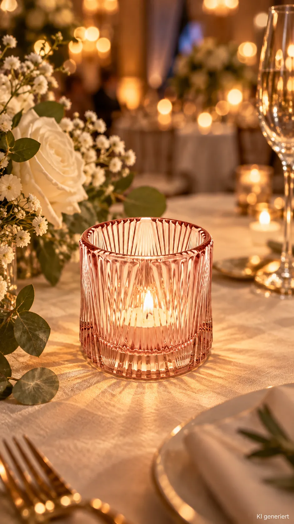 Teelichthalter Glas Light Rose auf einer festlichen Tafel im Kerzenlicht am Abend (KI-generierte Szene)