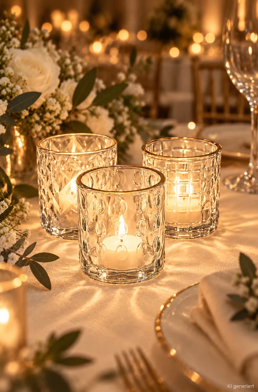 Teelichthalter mit Goldrand auf einer festlichen Tafel im Kerzenlicht am Abend (KI-generierte Szene)