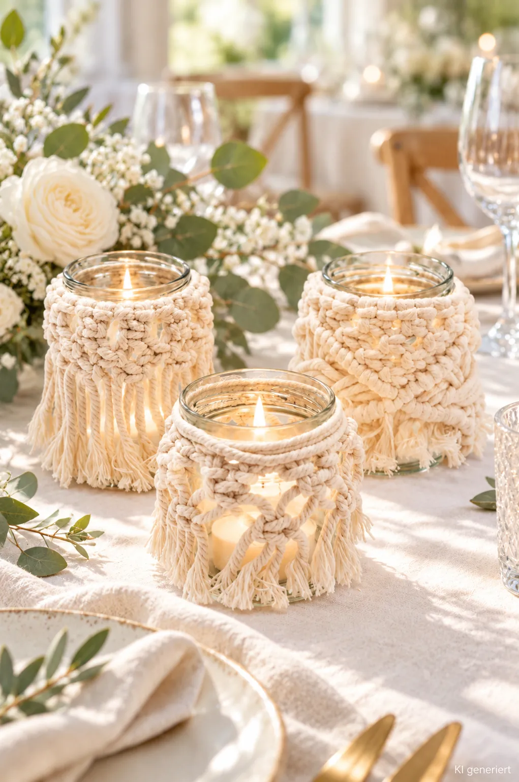 Teelichthalter Makramee, handgemacht auf einer gedeckten Hochzeitstafel bei Tageslicht (KI-generierte Szene)