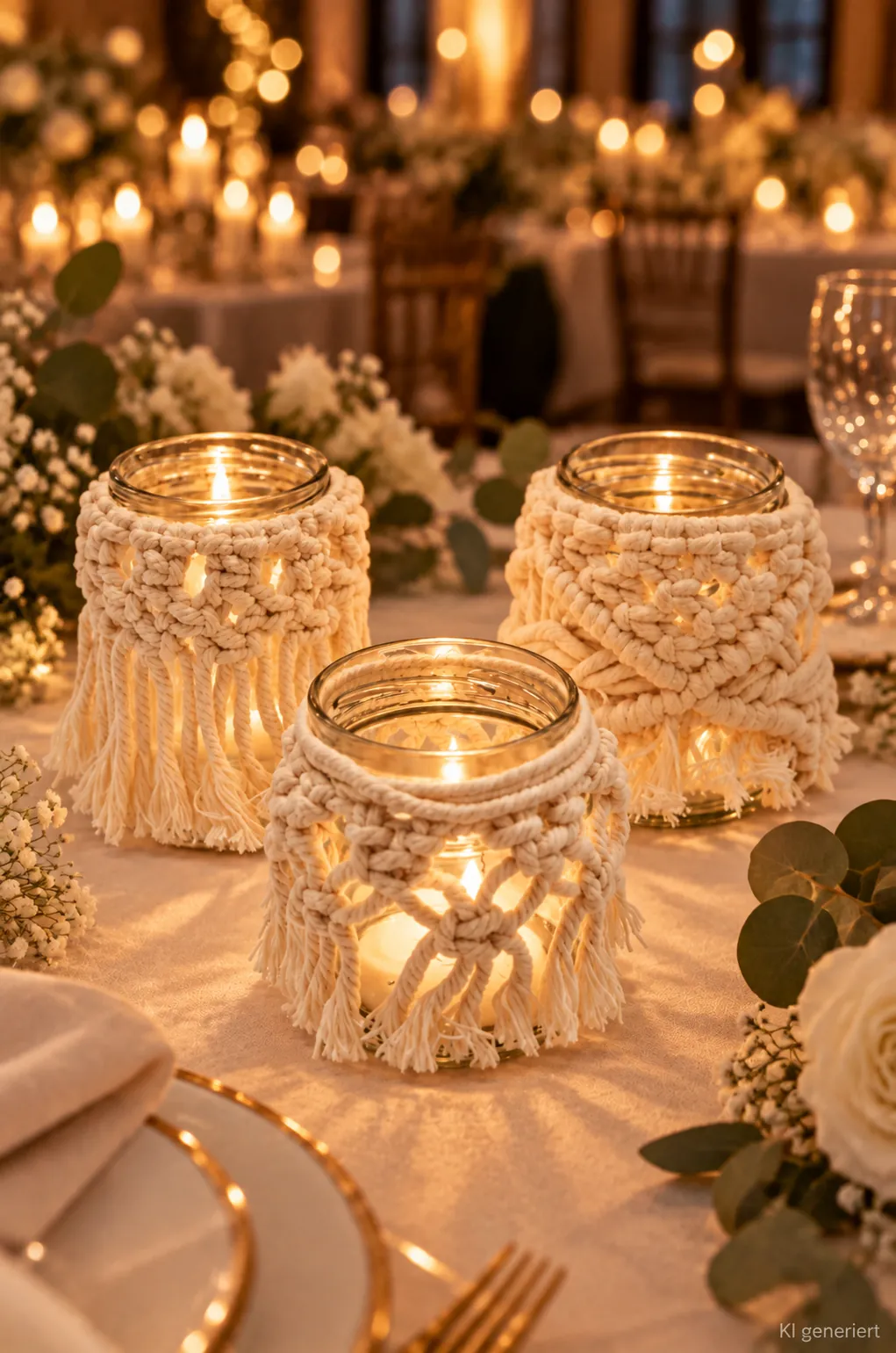 Teelichthalter Makramee, handgemacht auf einer festlichen Tafel im Kerzenlicht am Abend (KI-generierte Szene)