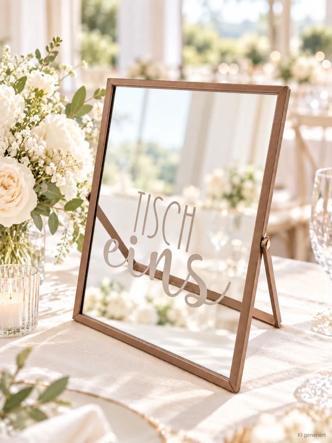 Tischnummer im Goldrahmen auf einer gedeckten Hochzeitstafel (KI-generierte Szene)