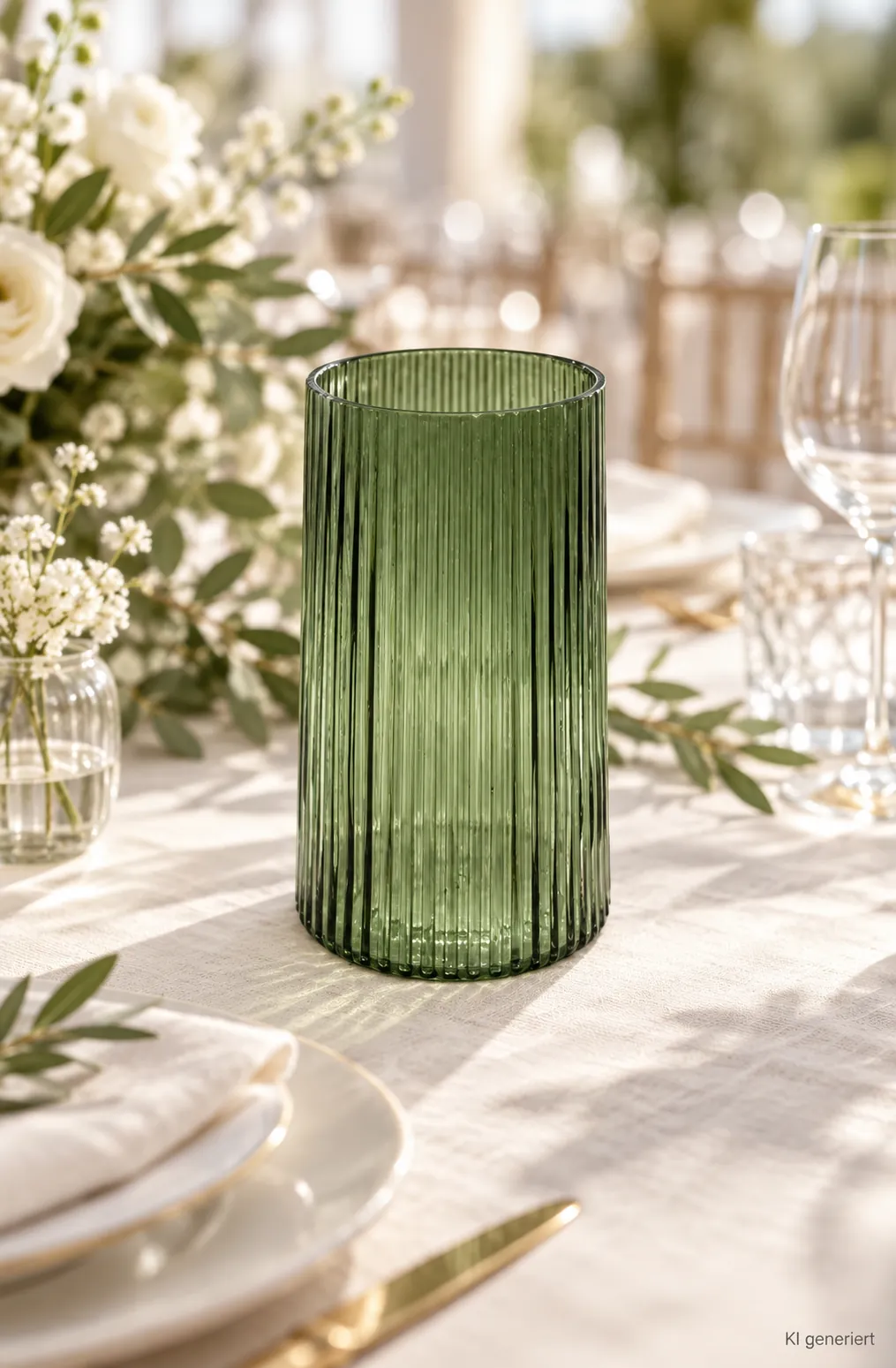 Vase Glas geriffelt, grün auf einer gedeckten Hochzeitstafel bei Tageslicht (KI-generierte Szene)