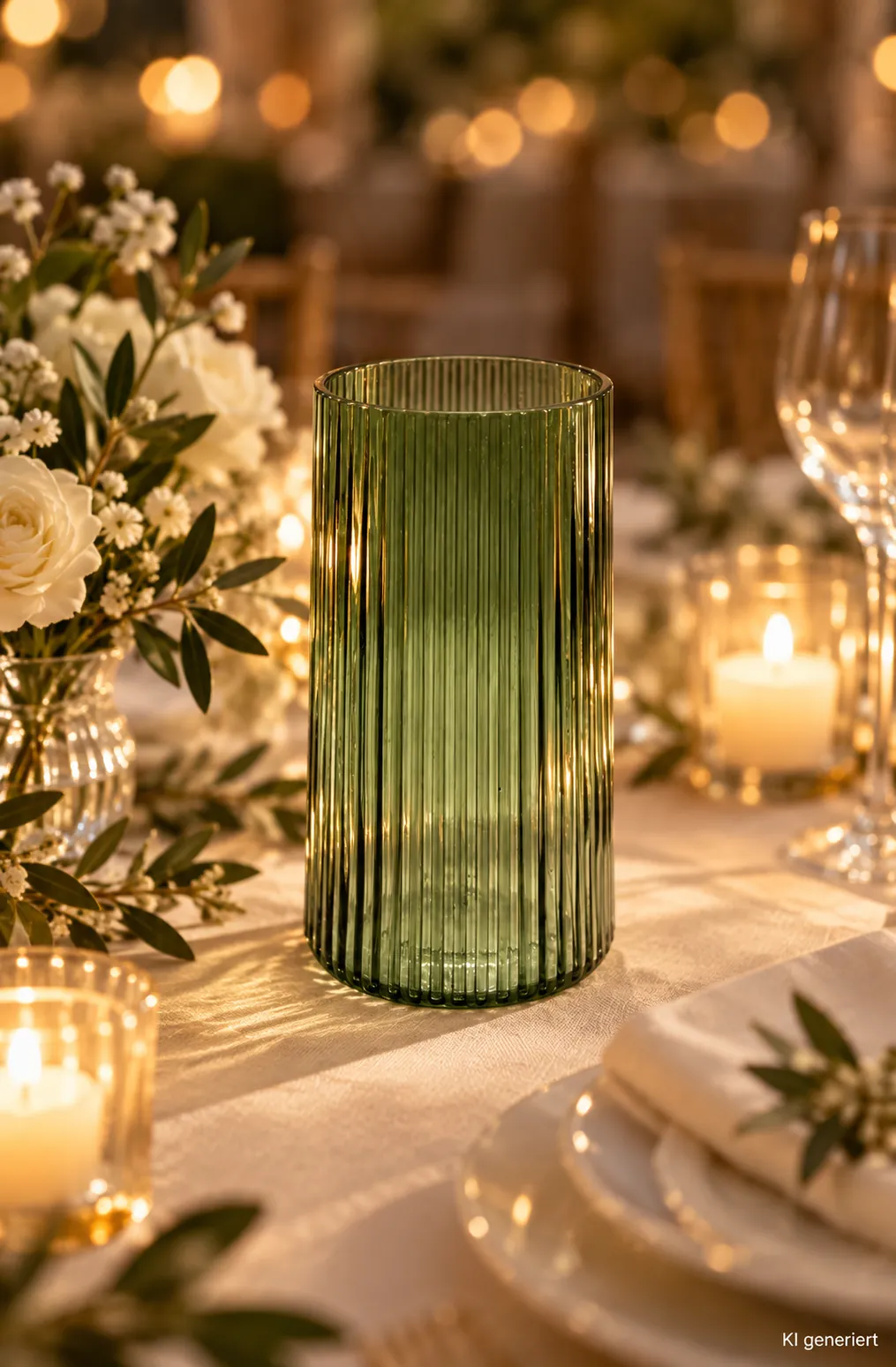 Vase Glas geriffelt, grün auf einer festlichen Tafel im Kerzenlicht am Abend (KI-generierte Szene)